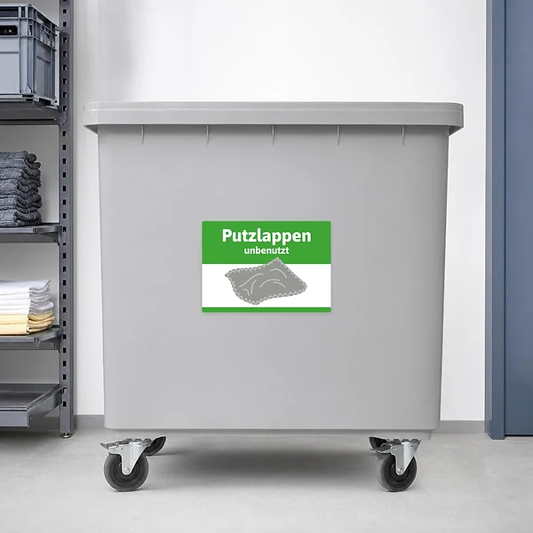 Grün-weißer Putzlappen unbenutzt Aufkleber zur Kennzeichnung einer Ablage oder Sammelbox im Betrieb