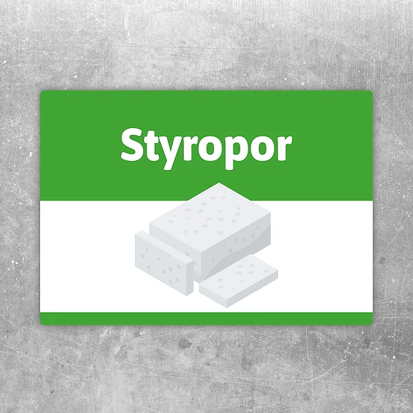 Styropor Aufkleber mit grünem Hinweisfeld zur Kennzeichnung der Styropor-Entsorgung.