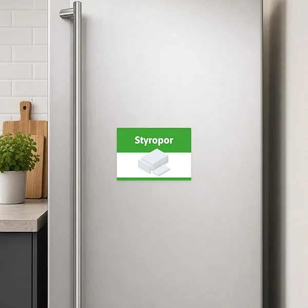 Querformatiger Styropor Entsorgungsaufkleber für Sammelstellen, Lager und EPS-Behälter.