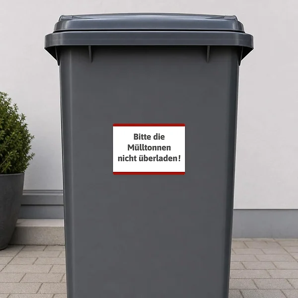 Querformatiger Aufkleber mit rotem Rand und dem Hinweis: Bitte die Mülltonnen nicht überladen.