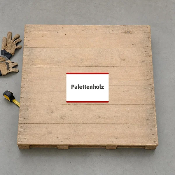 Querformat-Aufkleber mit dem Text Palettenholz für Werkstatt, Lager oder rustikale Ordnungssysteme.
