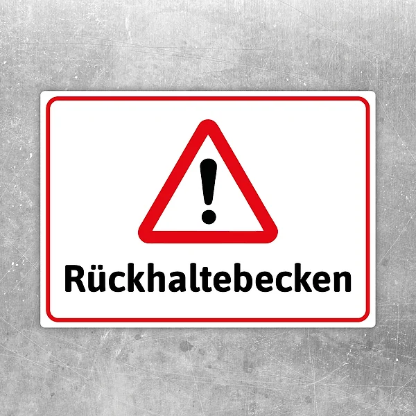 Rückhaltebecken Aufkleber mit Warndreieck in Rot, Weiß und Schwarz
