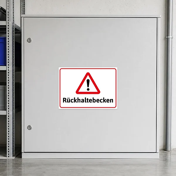 Warnaufkleber für ein Rückhaltebecken mit rotem Warndreieck und schwarzem Text