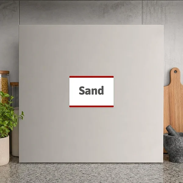 Grauer und weißer Hinweisaufkleber mit dem Text Sand für Lager, Werkstatt und Behälter.