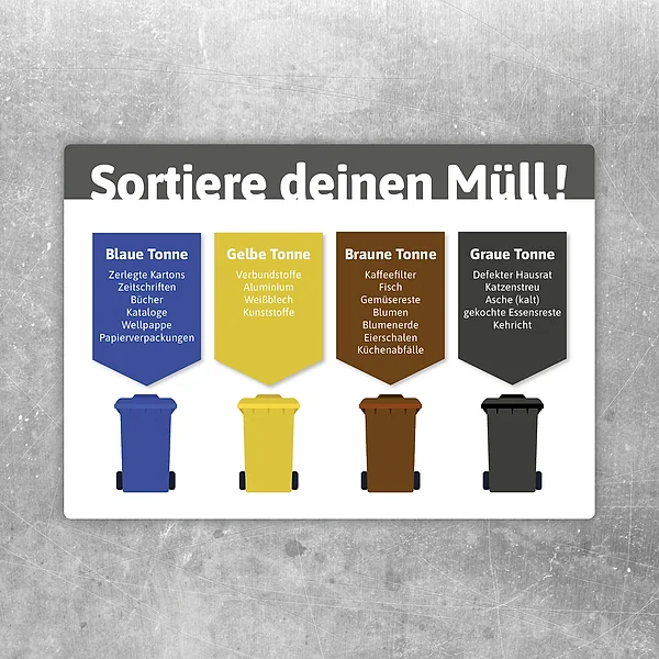 Mülltrennungs-Aufkleber mit vier farbigen Tonnen und klaren Abfallbeispielen für die richtige Sortierung.
