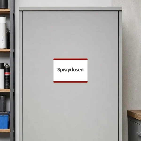 Spraydosen Aufkleber mit gut lesbarem Text für Werkstatt, Lager und interne Sortierung von Spraydosen.