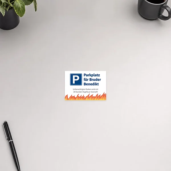 Humorvoller Aufkleber für den Parkplatz des Bruders mit blauem P-Symbol und Fegefeuer-Spruch.