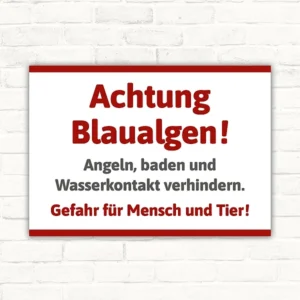 Schild mit der Aufschrift „Achtung Blaualgen“ als klare Kennzeichnung