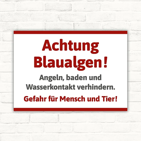 Schild mit der Aufschrift „Achtung Blaualgen“ als klare Kennzeichnung