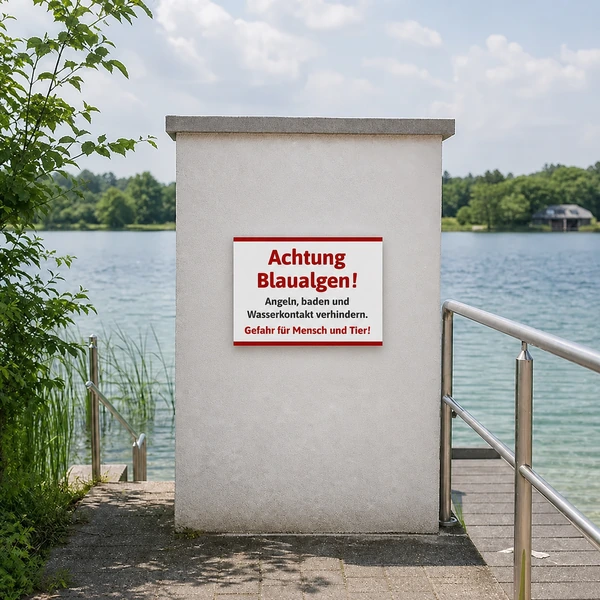 Schild Achtung Blaualgen – realistisches Anwendungsbeispiel, KI-generiert