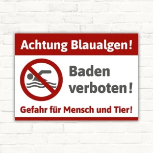 Schild mit der Aufschrift „Achtung Blaualgen – Baden verboten“ als klare Kennzeichnung