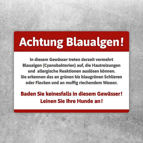 Aufkleber mit der Aufschrift „Achtung Blaualgen – Baden verboten mit Erklärung“ als klare Kennzeichnung