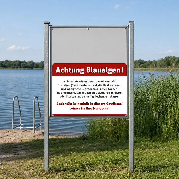 Aufkleber „Achtung Blaualgen – Baden verboten mit Erklärung“ am vorgesehenen Einsatzort