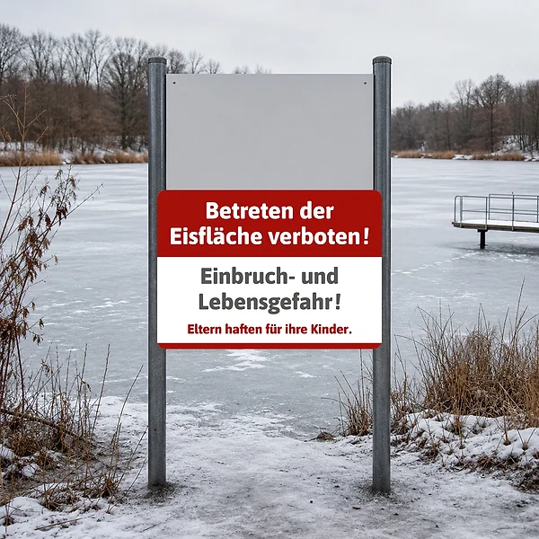 Aufkleber „Betreten der Eisfläche verboten“ am vorgesehenen Einsatzort