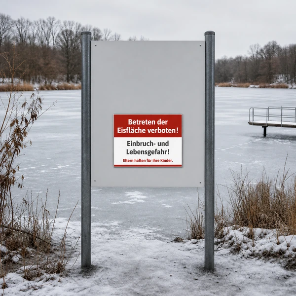Schild Betreten der Eisfläche verboten – realistisches Anwendungsbeispiel, KI-generiert