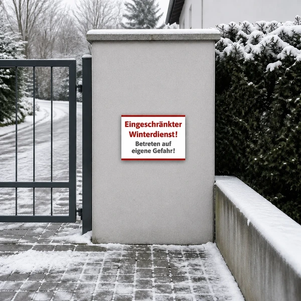 Schild Eingeschränkter Winterdienst – realistisches Anwendungsbeispiel, KI-generiert