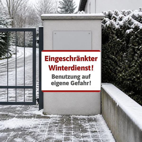 Aufkleber „Winterdienst – Benutzung auf eigene Gefahr“ am vorgesehenen Einsatzort