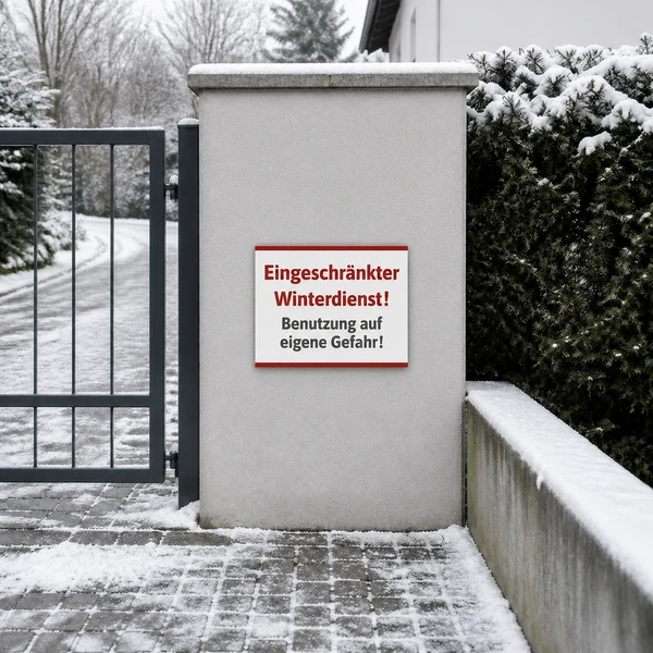 Schild Winterdienst – Benutzung auf eigene Gefahr – realistisches Anwendungsbeispiel, KI-generiert