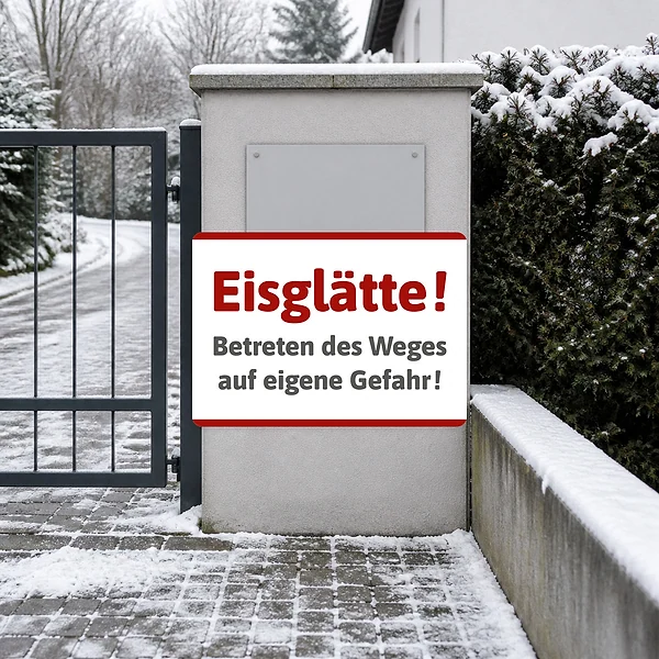 Aufkleber „Eisglätte – Betreten auf eigene Gefahr“ am vorgesehenen Einsatzort
