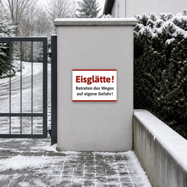 Schild Eisglätte – Betreten auf eigene Gefahr – realistisches Anwendungsbeispiel, KI-generiert