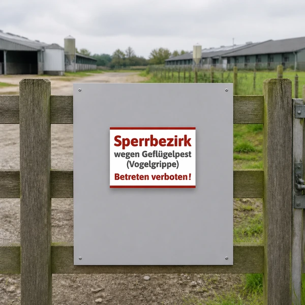 Schild Sperrbezirk Vogelgrippe – realistisches Anwendungsbeispiel, KI-generiert