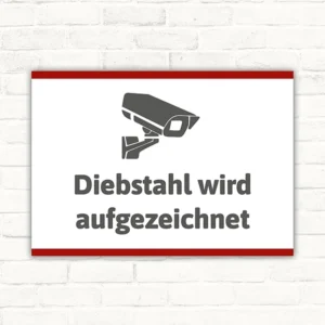 Schild Diebstahl wird aufgezeichnet mit gut lesbarem Motiv „Diebstahl wird aufgezeichnet“
