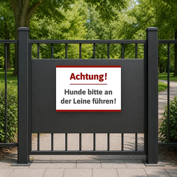 Schild Hunde an Leine führen am passenden Einsatzort – KI-generiertes Anwendungsbeispiel