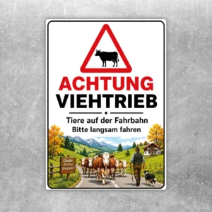 Achtung Viehtrieb Aufkleber mit Kuhsymbol und Warnhinweis für Hofzufahrt, Weide und Fahrbahn.
