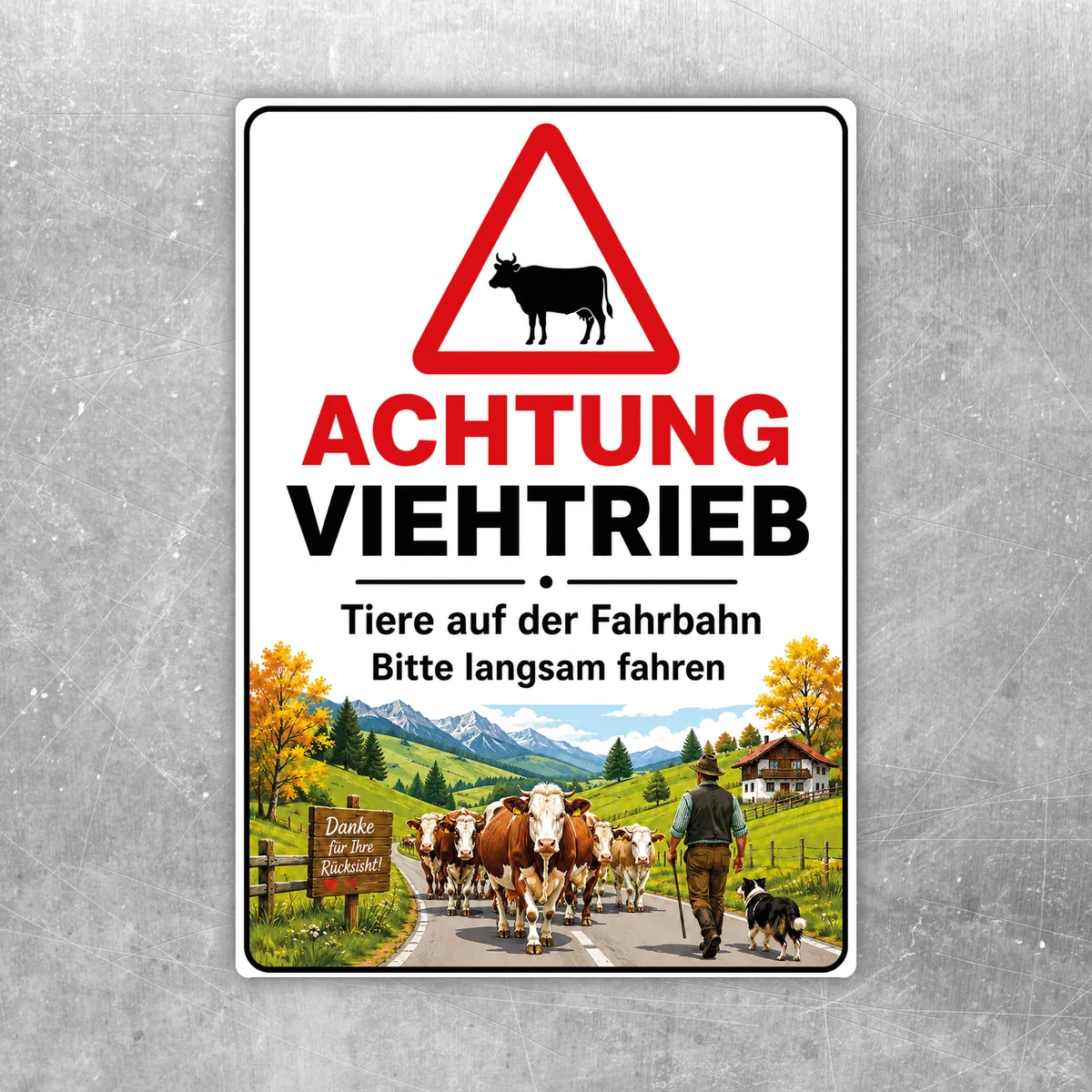 Achtung Viehtrieb Aufkleber mit Kuhsymbol und Warnhinweis für Hofzufahrt, Weide und Fahrbahn.