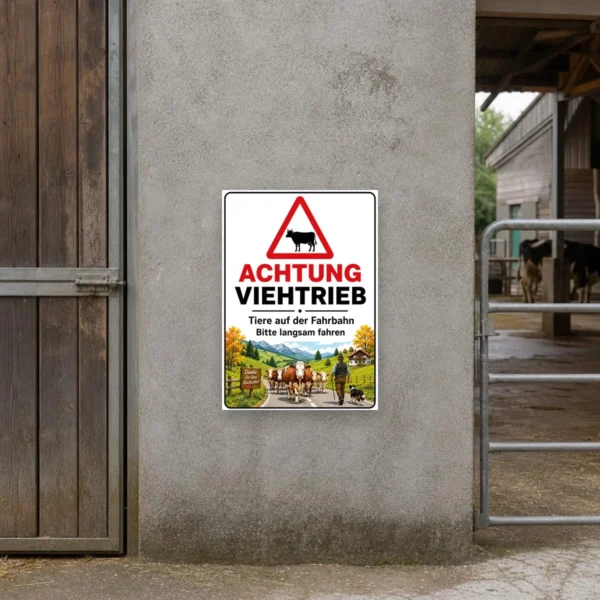 KI-generiertes Anwendungsbeispiel: Achtung Viehtrieb Aufkleber mit Kuhsymbol an einer ländlichen Hofzufahrt.