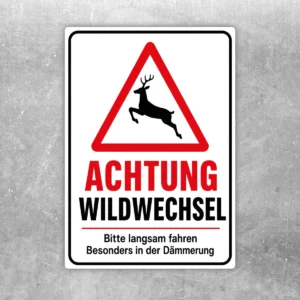 Achtung Wildwechsel Aufkleber mit rotem Warn-Dreieck und Hirschsilhouette in Weiß, Rot und Schwarz für Außeneinsatz.