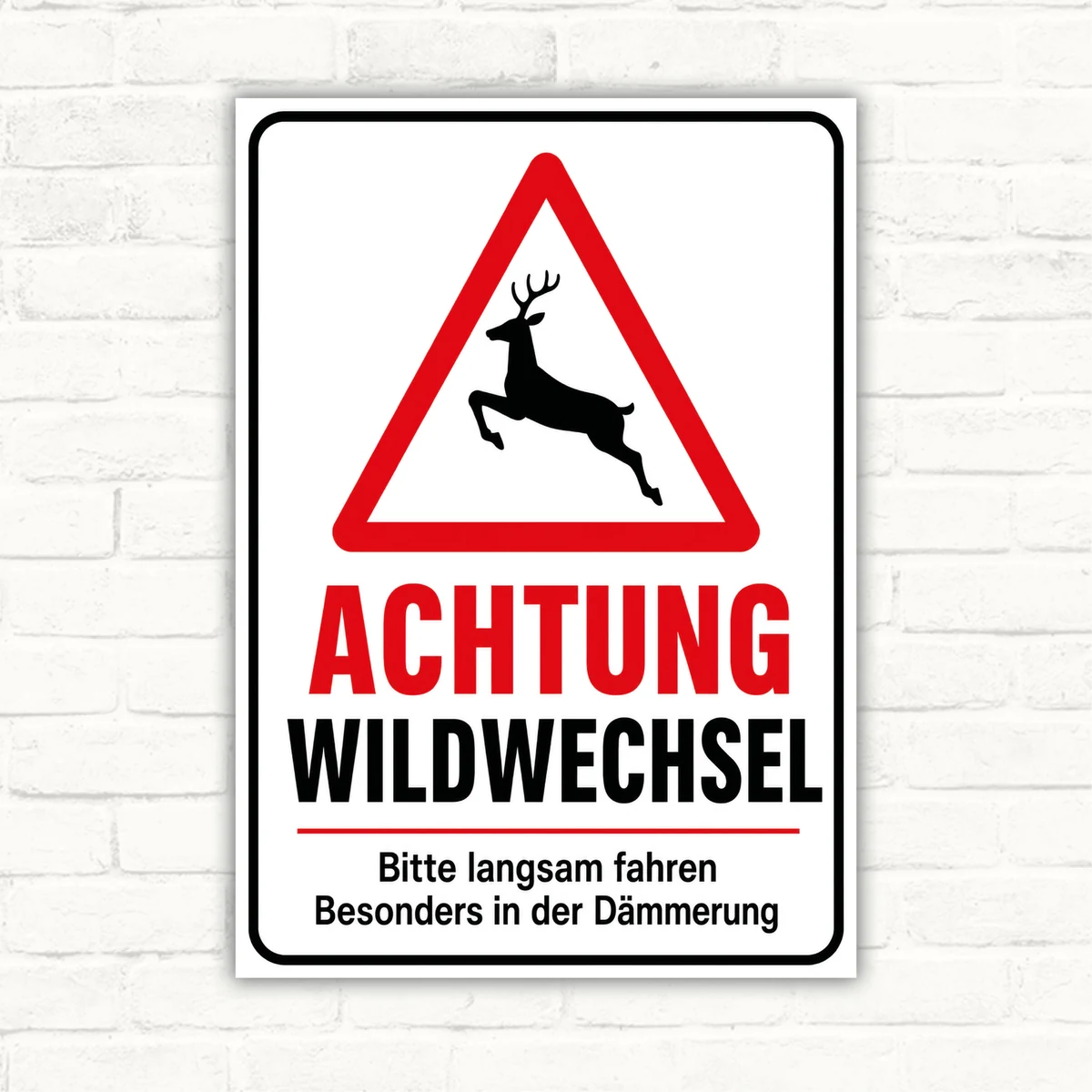 Achtung Wildwechsel Warnschild mit Hirsch im Warndreieck und dem Text 'Bitte langsam fahren' auf weißem Schild.