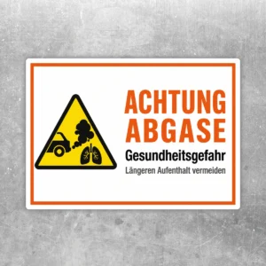 Warnaufkleber Achtung Abgase Gesundheitsgefahr mit gelbem Warndreieck und orangefarbener Überschrift