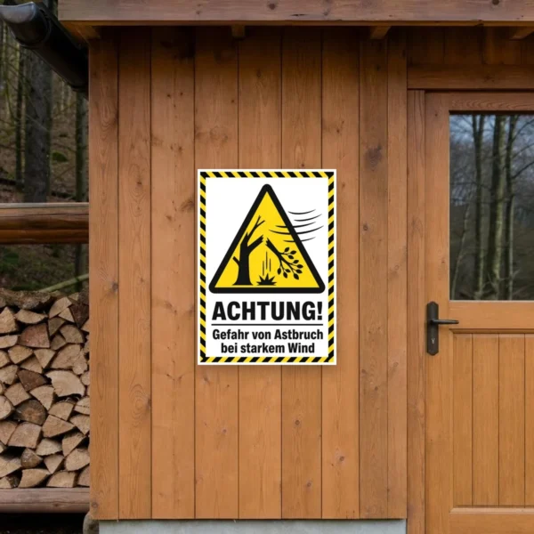 KI-generiertes Anwendungsbeispiel: Aufkleber „Achtung! Gefahr von Astbruch bei starkem Wind“ an einem Außenbereich mit Baumwarnhinweis.