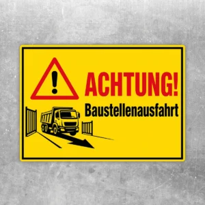 Gelber Achtung Baustellenausfahrt Warnschild Aufkleber mit Warnsymbol, Lkw und roter Überschrift im Querformat.