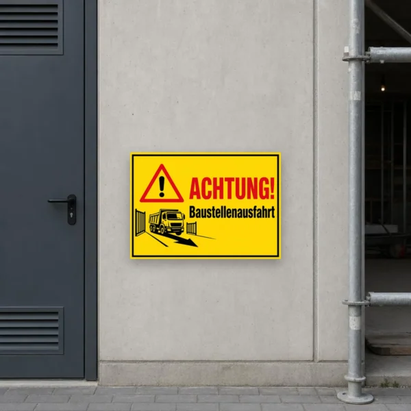 KI-generiertes Anwendungsbeispiel: Achtung Baustellenausfahrt Schild an einer Hofeinfahrt mit gelbem Warnmotiv, Lkw und rotem Hinweistext.