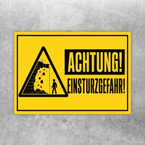 Warnaufkleber Einsturzgefahr in Gelb und Schwarz mit Warnsymbol und großem Text für gut sichtbare Gefahrenkennzeichnung.