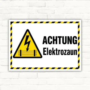 Achtung Elektrozaun Warnschild mit gelbem Warndreieck, Blitzsymbol und Schriftzug als wetterfestes Schild für Zaun und Hof.
