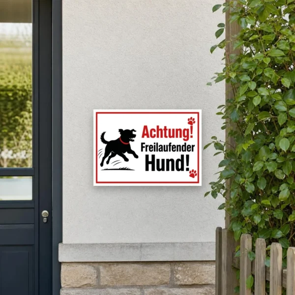 KI-generiertes Anwendungsbeispiel: Achtung Freilaufender Hund Aufkleber an einem Tor mit schwarzem Hund, roter Schrift und Pfotenmotiv.