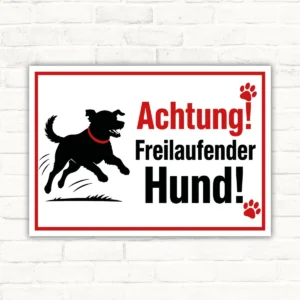 Achtung Freilaufender Hund Schild mit schwarzer Hundesilhouette, roter Warnschrift und Pfotenmotiv als Hundewarnschild.