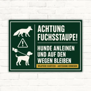 Fuchsstaupe Schild mit Text „Hunde anleinen und auf den Wegen bleiben“ als Warnschild für Naturwege.