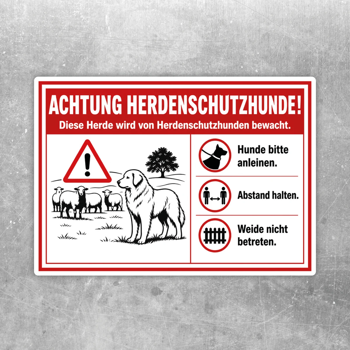 Achtung Herdenschutzhunde Aufkleber in Rot, Weiß und Schwarz für Weide und Hof mit klarer Warnwirkung.