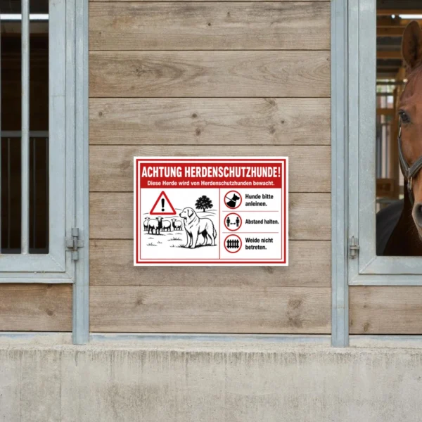 KI-generiertes Anwendungsbeispiel: Achtung Herdenschutzhunde Schild an einem Weidetor mit Warnmotiv, Schaf und klaren Verhaltenshinweisen.