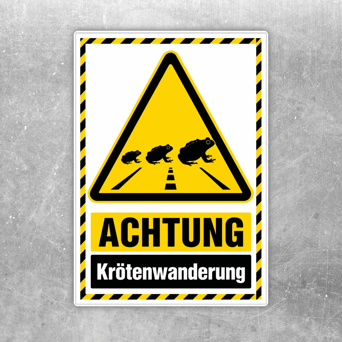 Aufkleber mit Warnsymbol und Schriftzug Achtung Krötenwanderung in Gelb, Schwarz und Weiß im Hochformat.