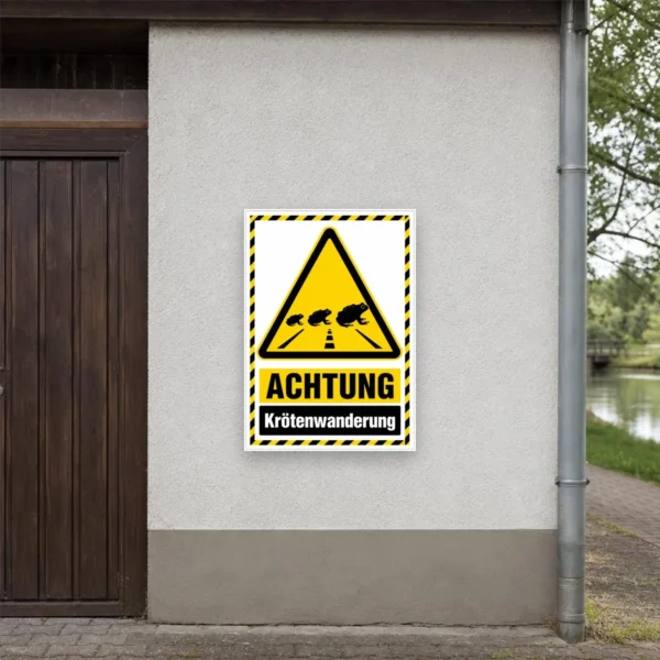 KI-generiertes Anwendungsbeispiel: Achtung Krötenwanderung Aufkleber im Hochformat mit gelbem Warnsymbol und schwarzem Text.