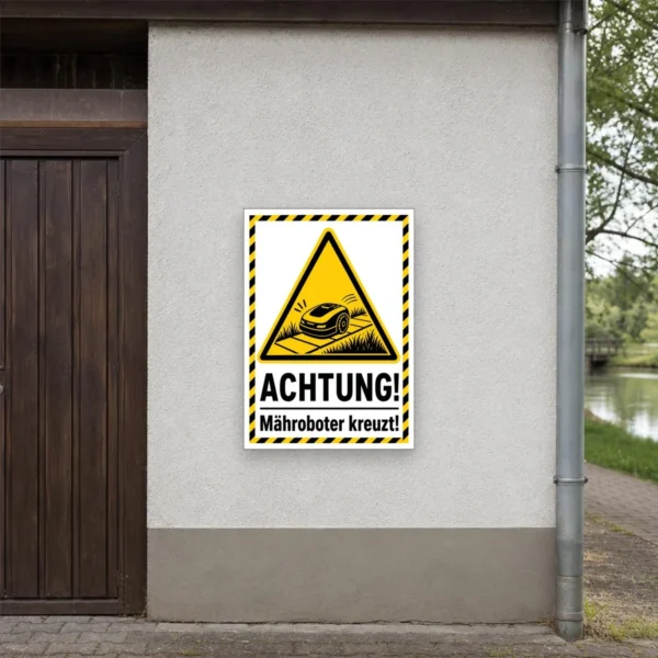 KI-generiertes Anwendungsbeispiel: Achtung! Mähroboter kreuzt! Warnaufkleber an einem Gartentor mit hoher Sichtbarkeit in Gelb und Schwarz.
