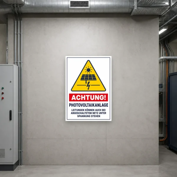 KI-generiertes Anwendungsbeispiel: Warnaufkleber für eine Photovoltaikanlage mit gelbem Dreieck, rotem Hinweisfeld und Spannungssymbol an glatter Türfläche.