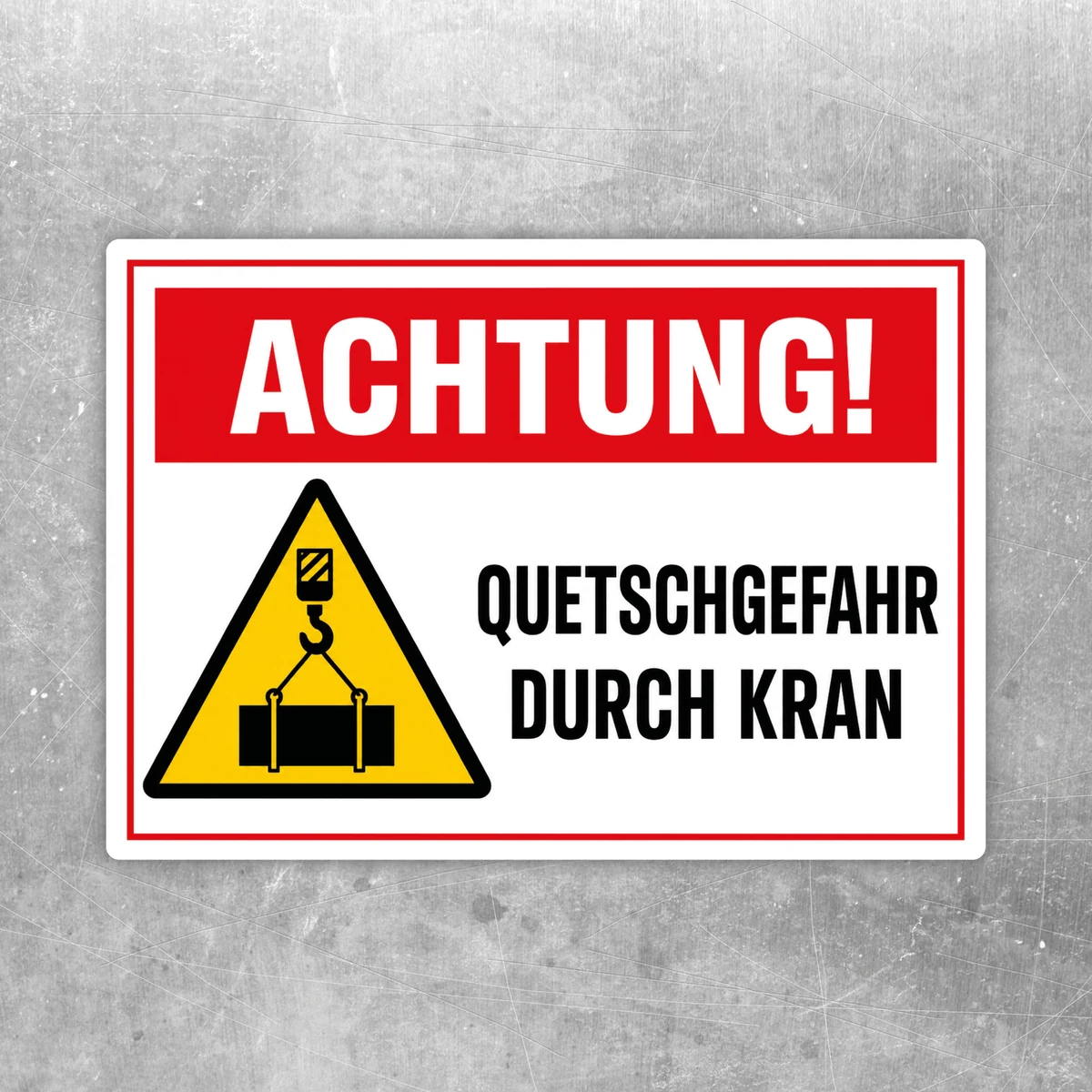 Achtung! Quetschgefahr durch Kran Aufkleber mit Warnsymbol, rotem Hinweisfeld und gelbem Dreieck für Arbeitsbereiche.