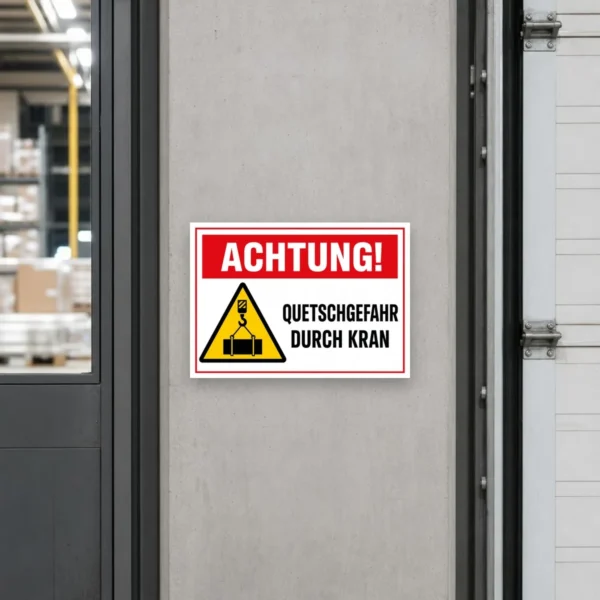 KI-generiertes Anwendungsbeispiel: Achtung! Quetschgefahr durch Kran Aufkleber an einer Hallentür im Industrieumfeld mit klarer Warnwirkung.