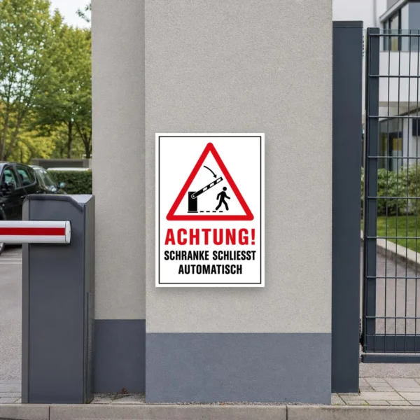 KI-generiertes Anwendungsbeispiel: Warnschild mit rotem Dreieck und Text „ACHTUNG! SCHRANKE SCHLIESST AUTOMATISCH“ an einer Zufahrt.